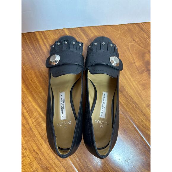 Roberto Festa Womens Black Heels Pumps Dress Shoes Block Heel Fringe Studded‎ 8 - Picture 7 of 16